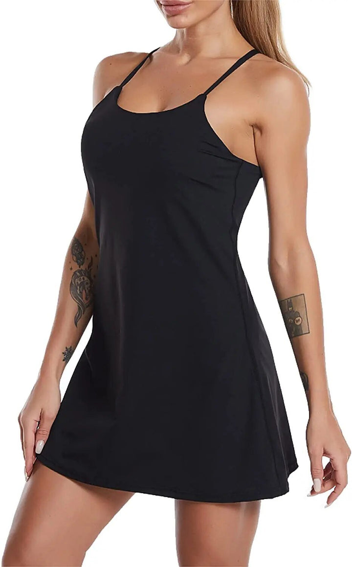 Active sports dress with integrated shorts and pockets – Liana-Black-XS-State of Style