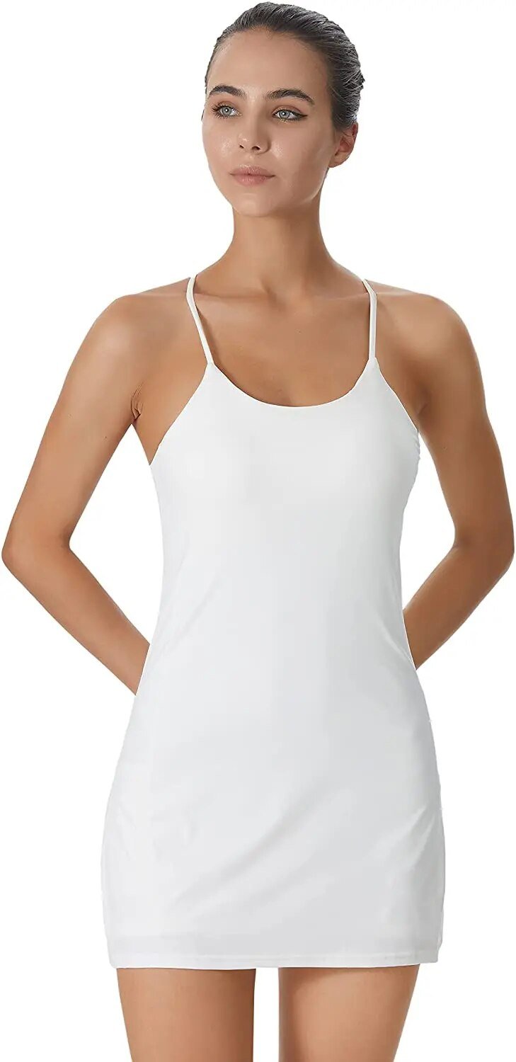 Active sports dress with integrated shorts and pockets – Liana-White-XS-State of Style