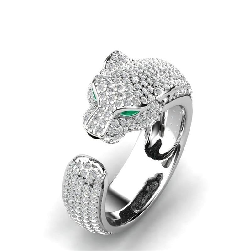 Adjustable Ring in 18K Silver and Rose Gold with Green Zirconia Eyes - Jaguar Ring™-Silver-State of Style