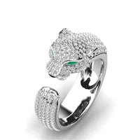 Adjustable Ring in 18K Silver and Rose Gold with Green Zirconia Eyes - Jaguar Ring™-Silver-State of Style