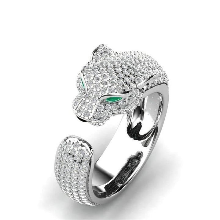 Adjustable Ring in 18K Silver and Rose Gold with Green Zirconia Eyes - Jaguar Ring™-Silver-State of Style
