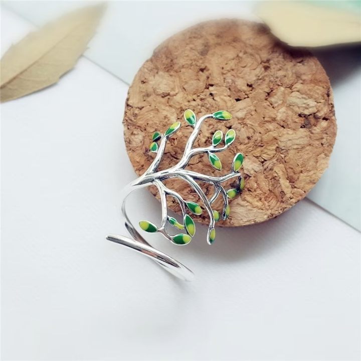Adjustable Silver Ring | Green Leaf Design | Nature-Inspired Jewellery-State of Style
