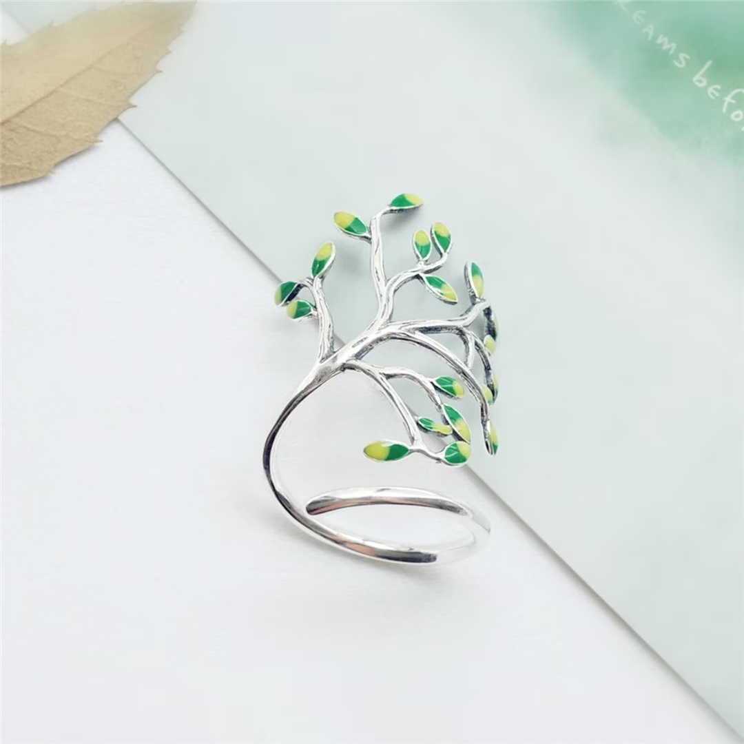 Adjustable Silver Ring | Green Leaf Design | Nature-Inspired Jewellery-State of Style