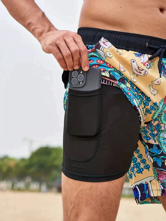 Adrik | Aqua Herren Badehose mit Handytasche-Goldene Blüte-S-State of Style
