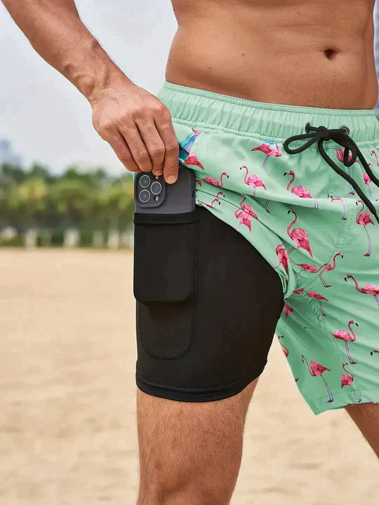 Adrik | Aqua Herren Badehose mit Handytasche-Mintfarbener Flamingo-S-State of Style