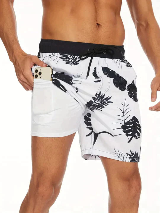 Adrik | Aqua Herren Badehose mit Handytasche-Monochrome Blume-S-State of Style