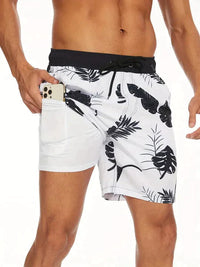 Adrik | Aqua Herren Badehose mit Handytasche-Monochrome Blume-S-State of Style