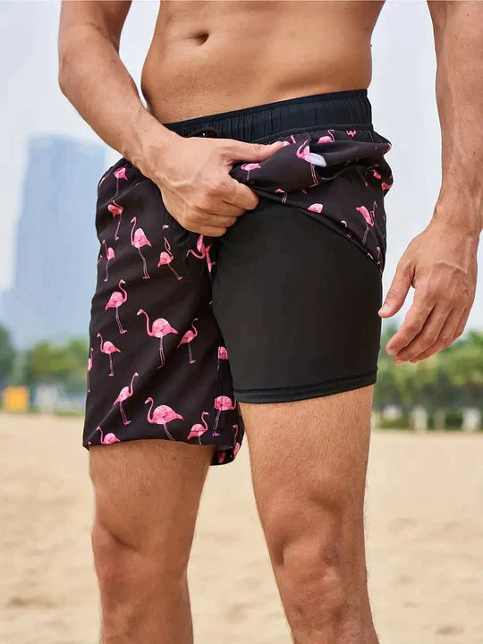 Adrik | Aqua Herren Badehose mit Handytasche-Schwarz Flamingo-S-State of Style