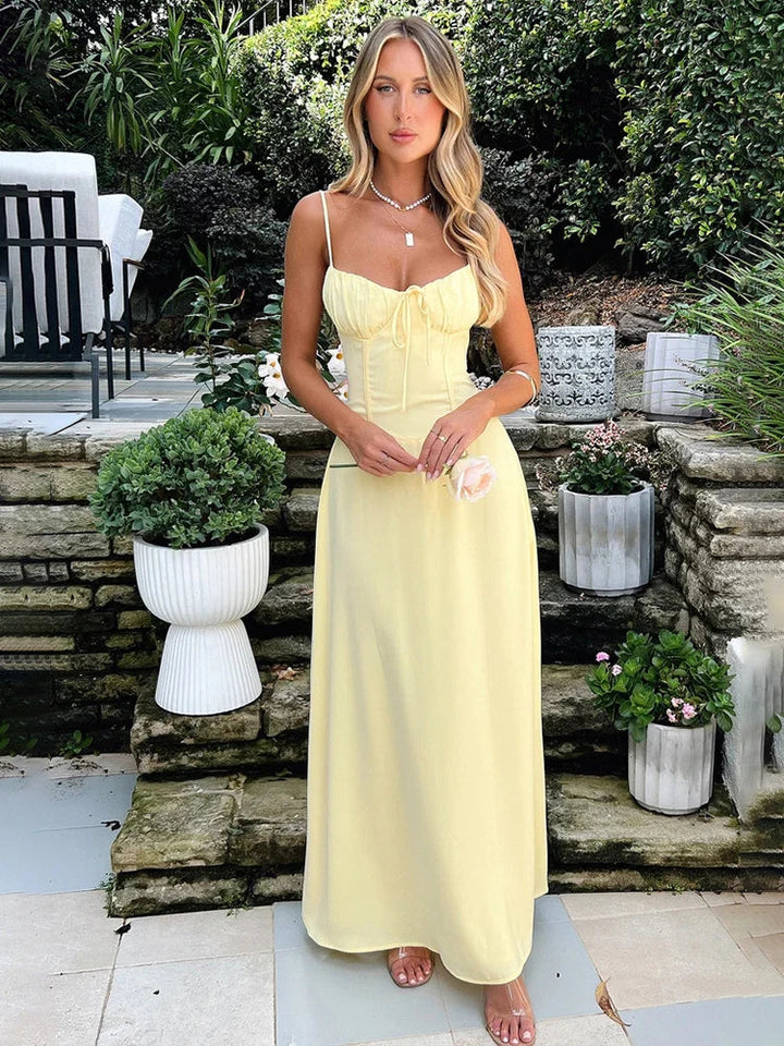 Airy A-line corsage maxi dress with spaghetti straps – Serina-Yellow-S-State of Style