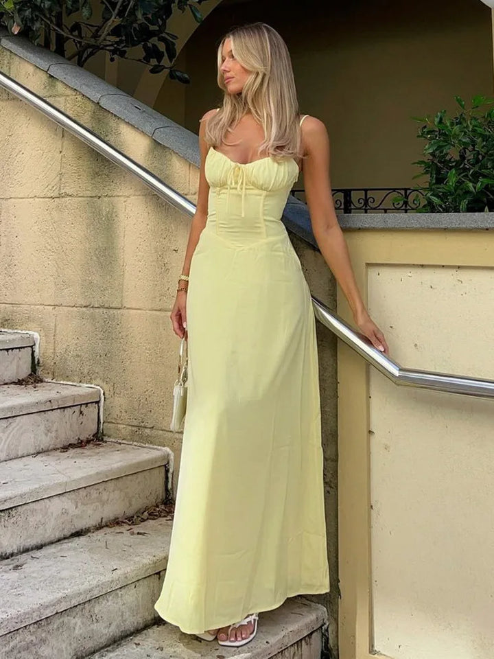 Airy A-line corsage maxi dress with spaghetti straps – Serina-Yellow-S-State of Style