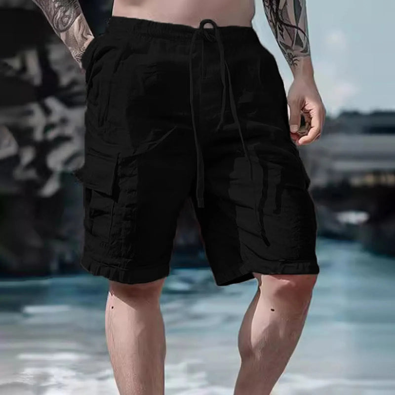 Airy men's linen shorts with wide legs and drawstring – Silas-Black-S-State of Style