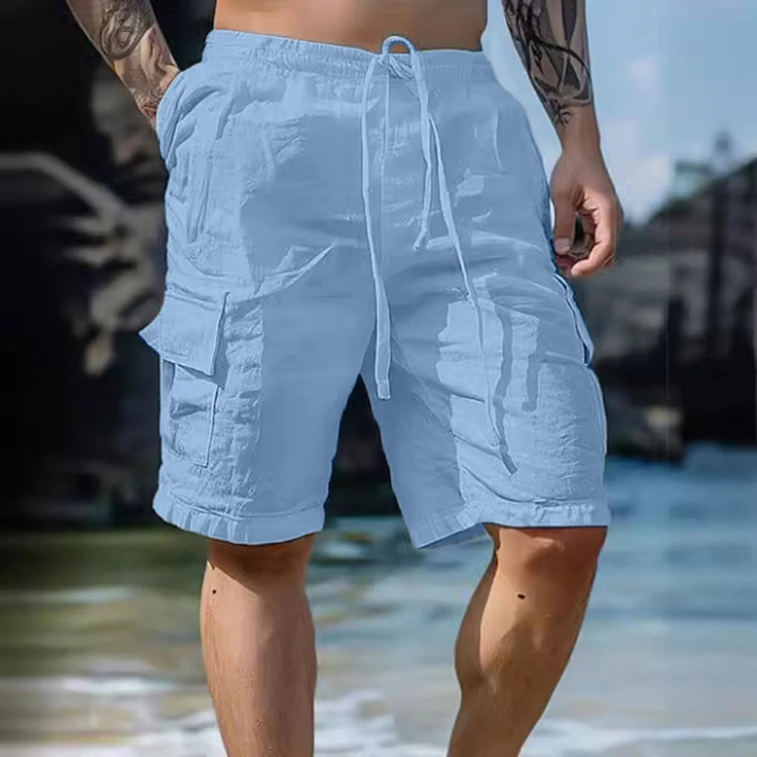 Airy men's linen shorts with wide legs and drawstring – Silas-Blue-S-State of Style