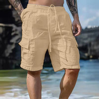 Airy men's linen shorts with wide legs and drawstring – Silas-Khaki-S-State of Style