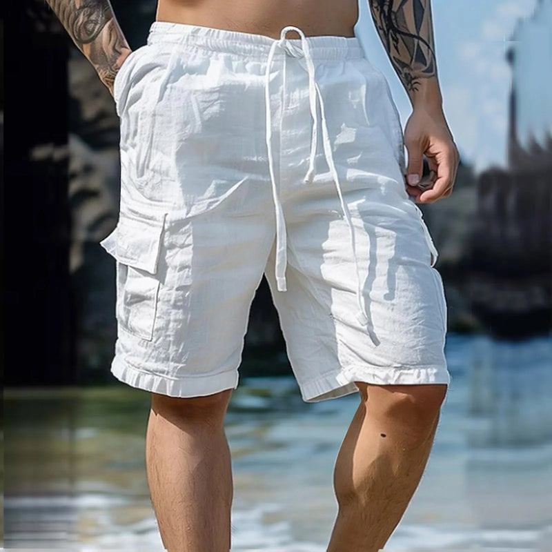Airy men's linen shorts with wide legs and drawstring – Silas-White-S-State of Style