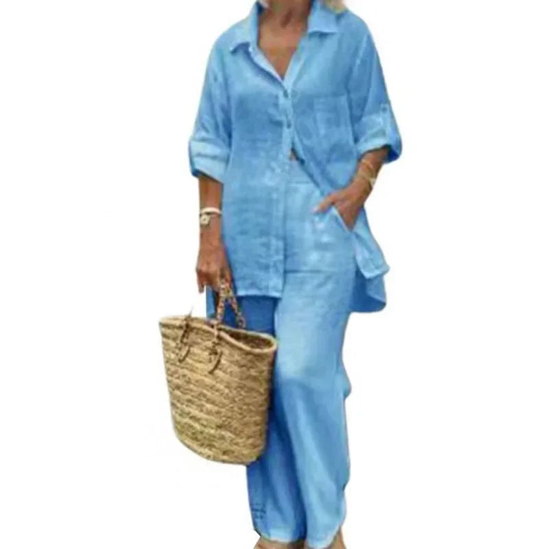 Airy & Stylish Oversized Linen Combo with Blouse and Trousers for Women – Amaris-Blue-S-State of Style