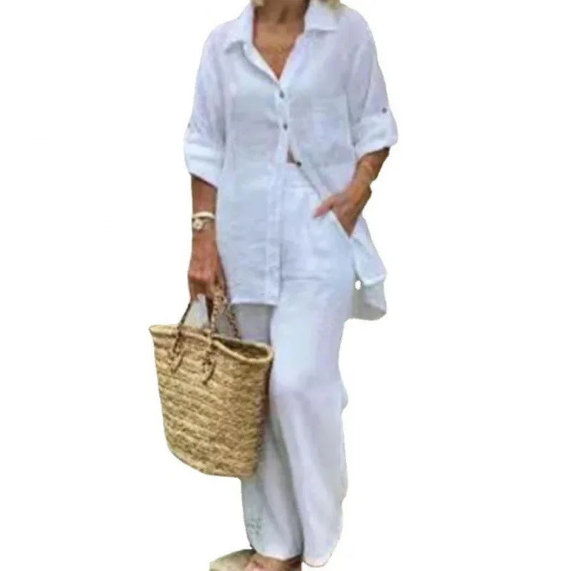 Airy & Stylish Oversized Linen Combo with Blouse and Trousers for Women – Amaris-Blue-S-State of Style