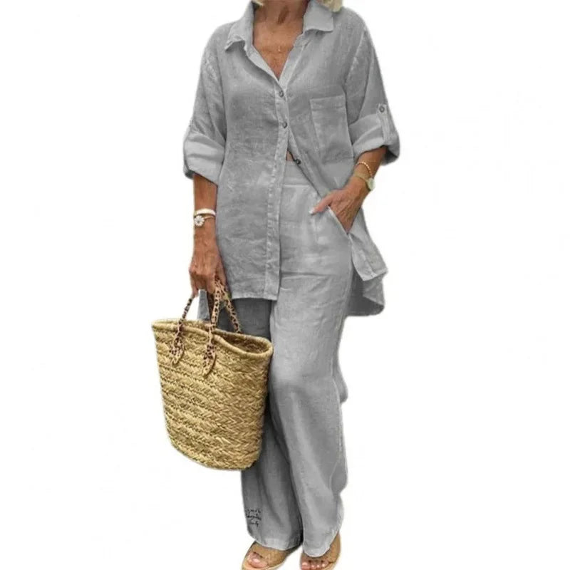 Airy & Stylish Oversized Linen Combo with Blouse and Trousers for Women – Amaris-Gray-S-State of Style
