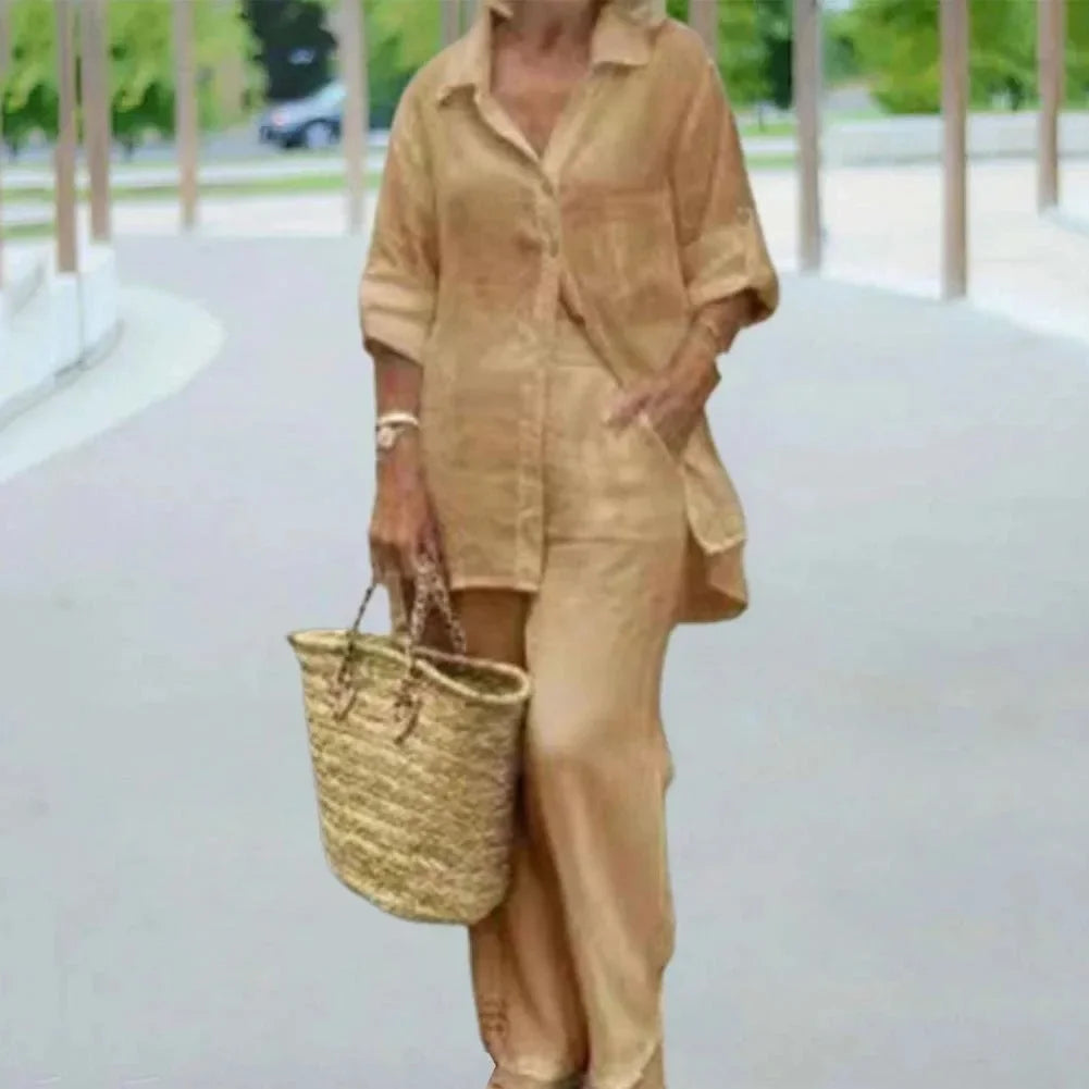 Airy & Stylish Oversized Linen Combo with Blouse and Trousers for Women – Amaris-Khaki-S-State of Style
