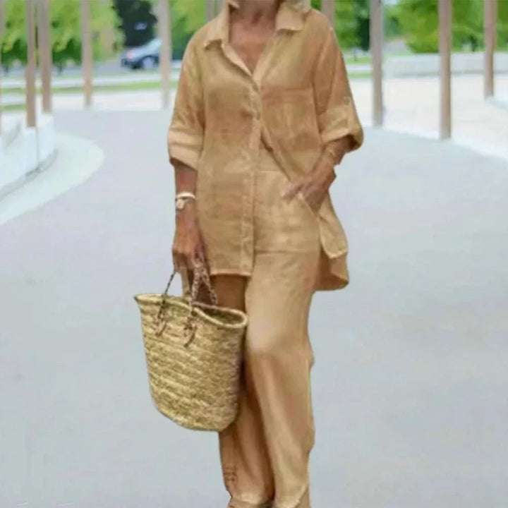 Airy & Stylish Oversized Linen Combo with Blouse and Trousers for Women – Amaris-Khaki-S-State of Style