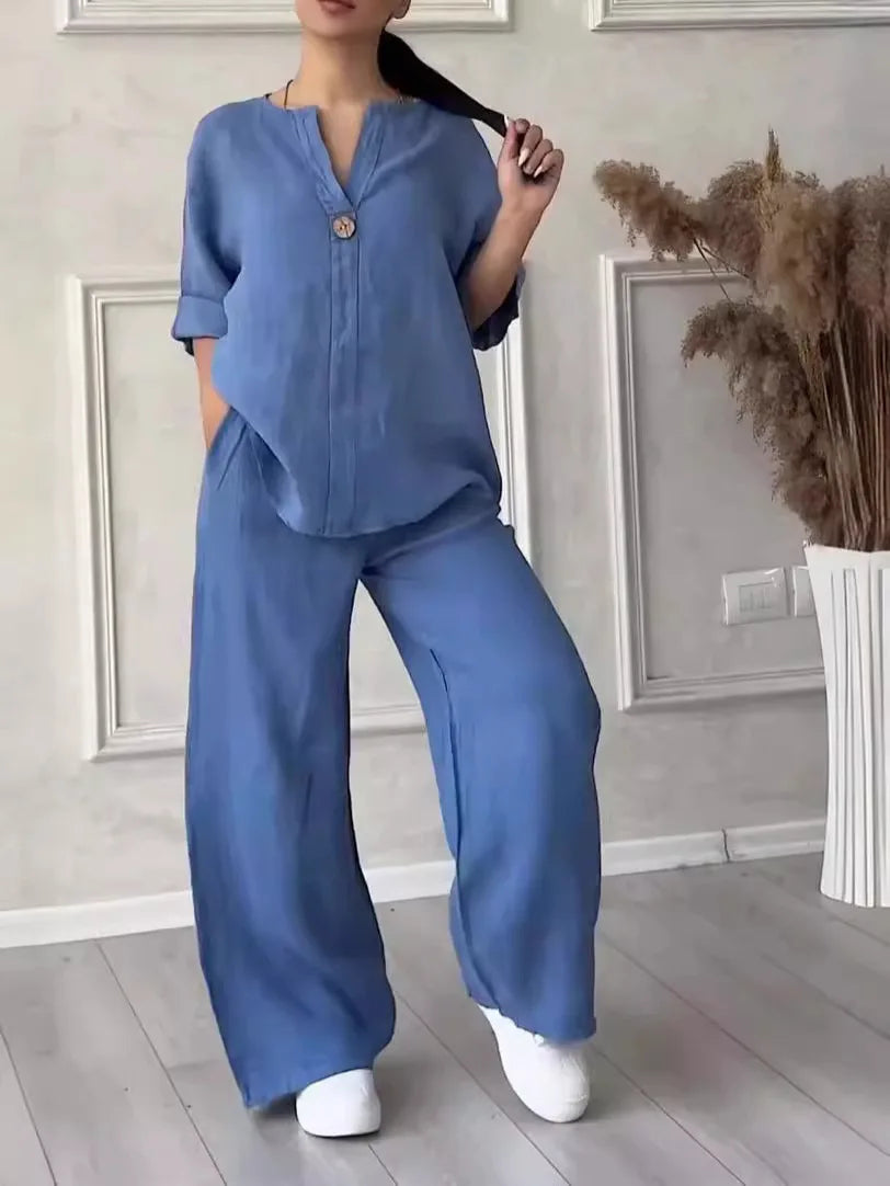 Airy & Stylish Summer Set with Blouse & Wide Trousers made of Linen – Melina-Blue-S-State of Style