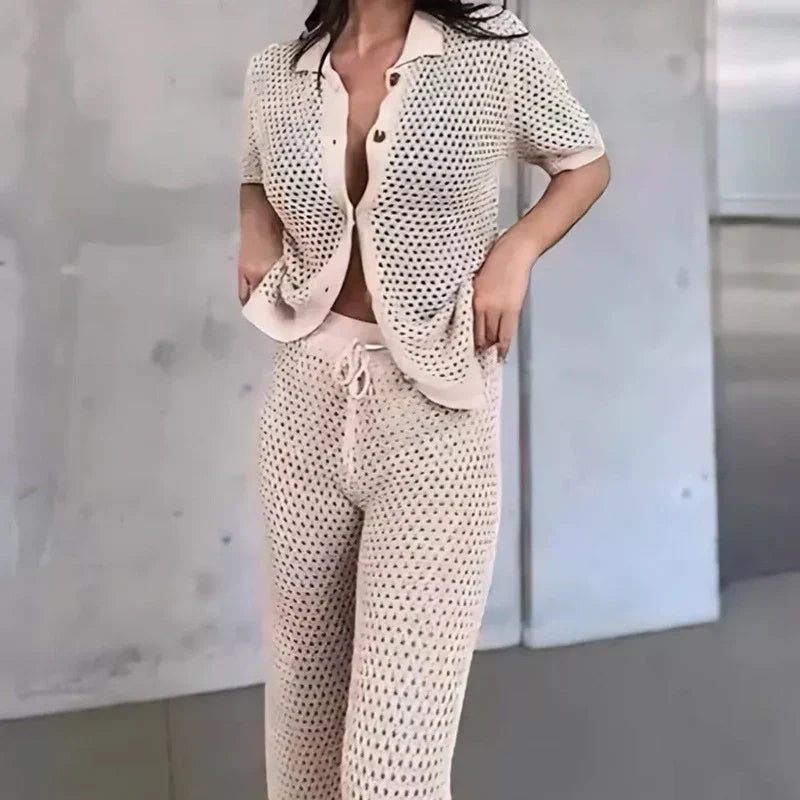 Airy & Stylish Summer Set with Cut-Outs and Long Trousers for Women – Liora-Black-S-State of Style