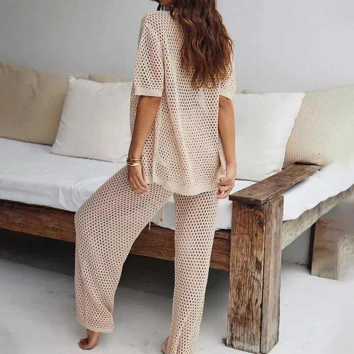 Airy & Stylish Summer Set with Cut-Outs and Long Trousers for Women – Liora-Black-S-State of Style