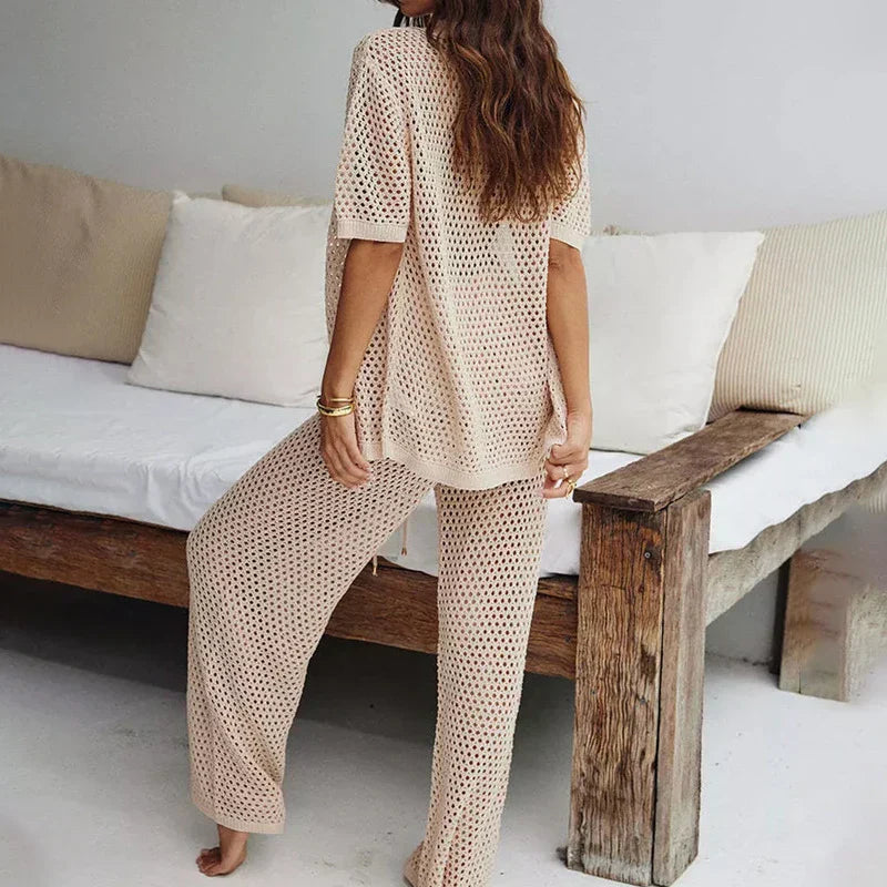 Airy & Stylish Summer Set with Cut-Outs and Long Trousers for Women – Liora-Black-S-State of Style