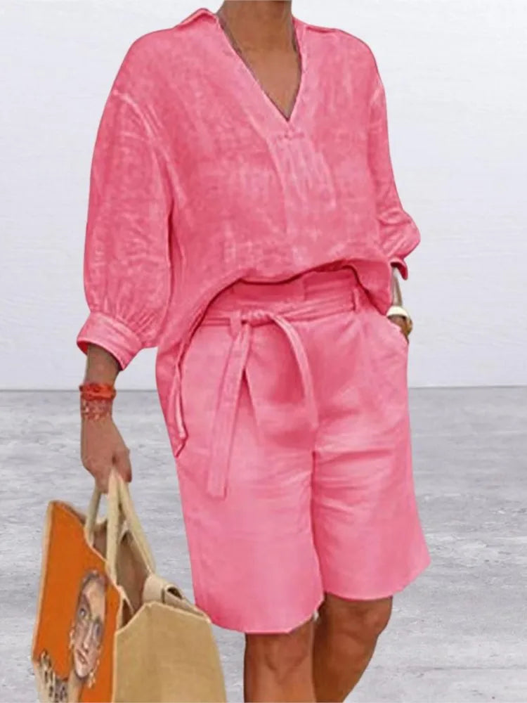 Airy & Stylish Two-Piece Linen Set with Blouse & Shorts for Women – Malea-Pink-S-State of Style
