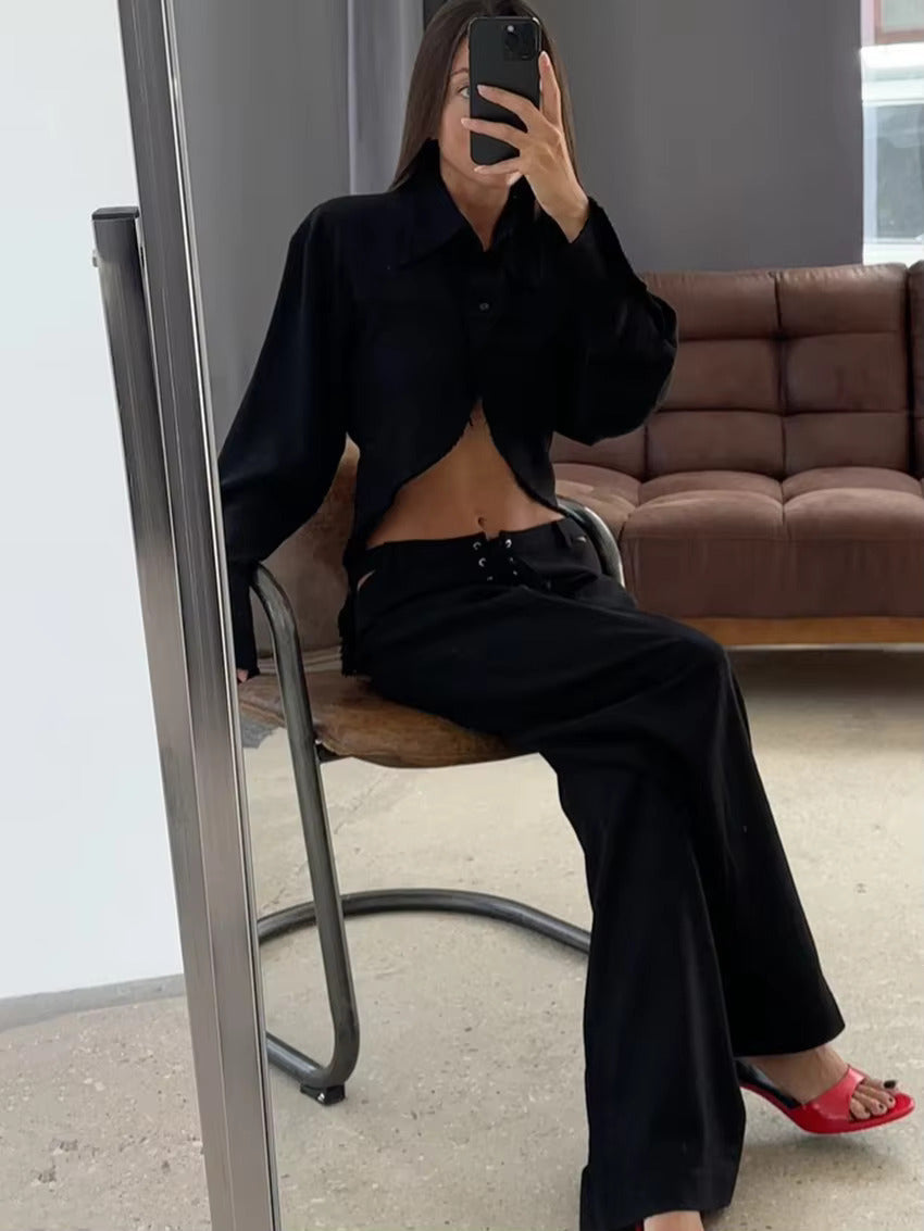 Airy & Stylish Two-Piece Linen Set with Long Sleeve Top and Trousers for Women – Nayela-Black-S-State of Style