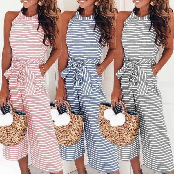 Airy & Stylish Women's Jumpsuit with Waist Belt and Stripes – Nayla-Blue-S-State of Style