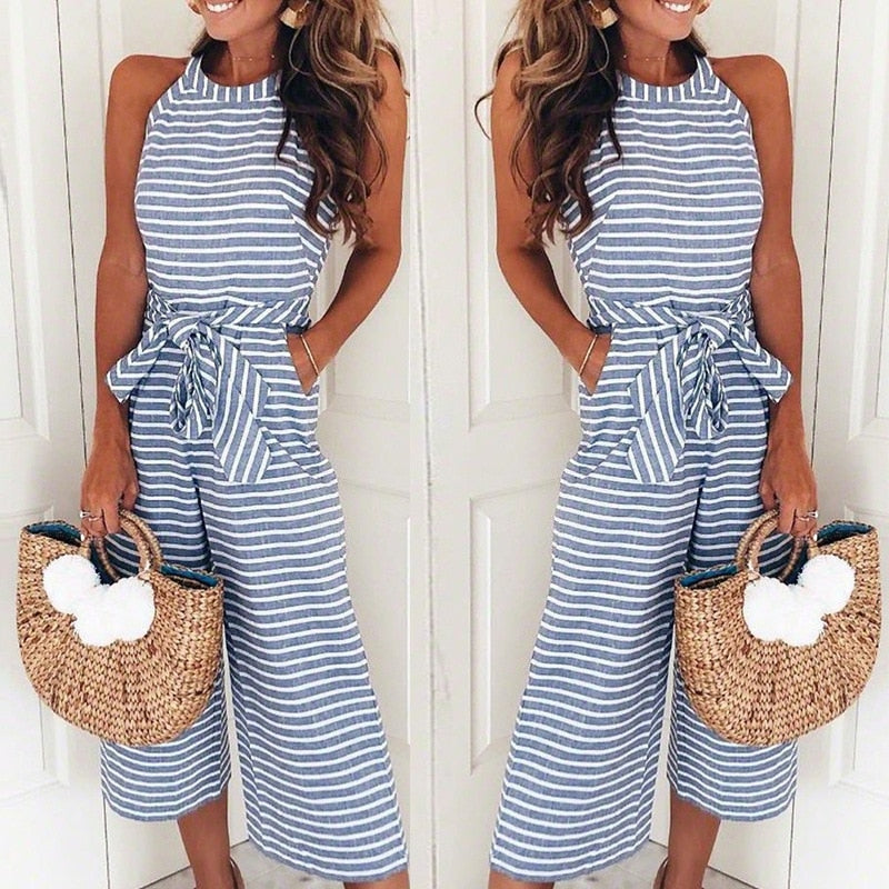 Airy & Stylish Women's Jumpsuit with Waist Belt and Stripes – Nayla-Blue-S-State of Style