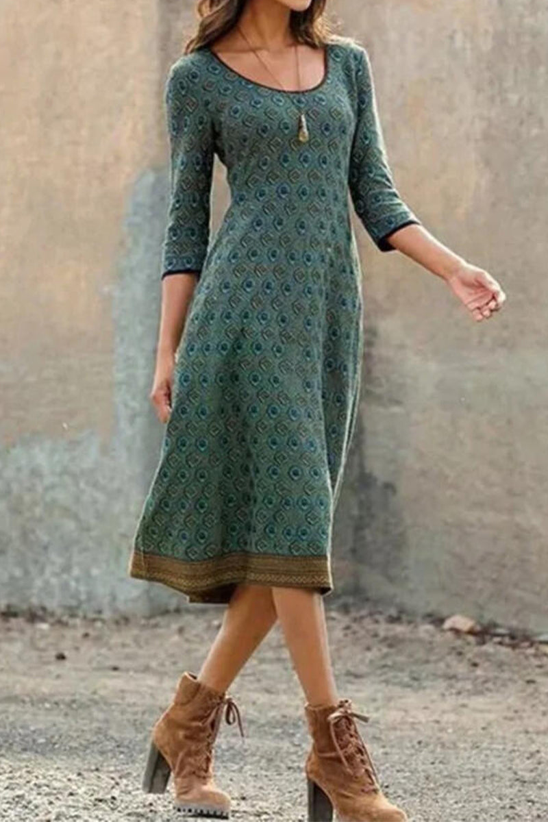 Airy & Stylish Women's Midi Dress with Print and Half Sleeves - Livia-Green-S-State of Style
