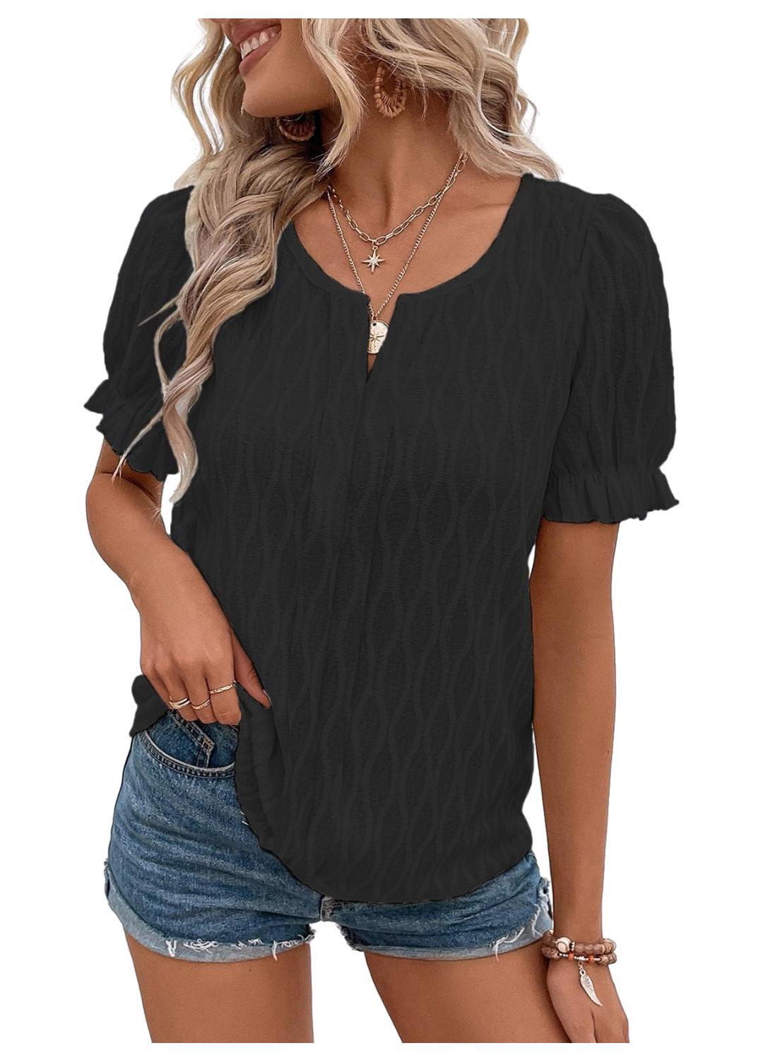 Airy & Stylish Women's Puff Sleeve Blouse with Lace Accent – Noemi-Black-S-State of Style