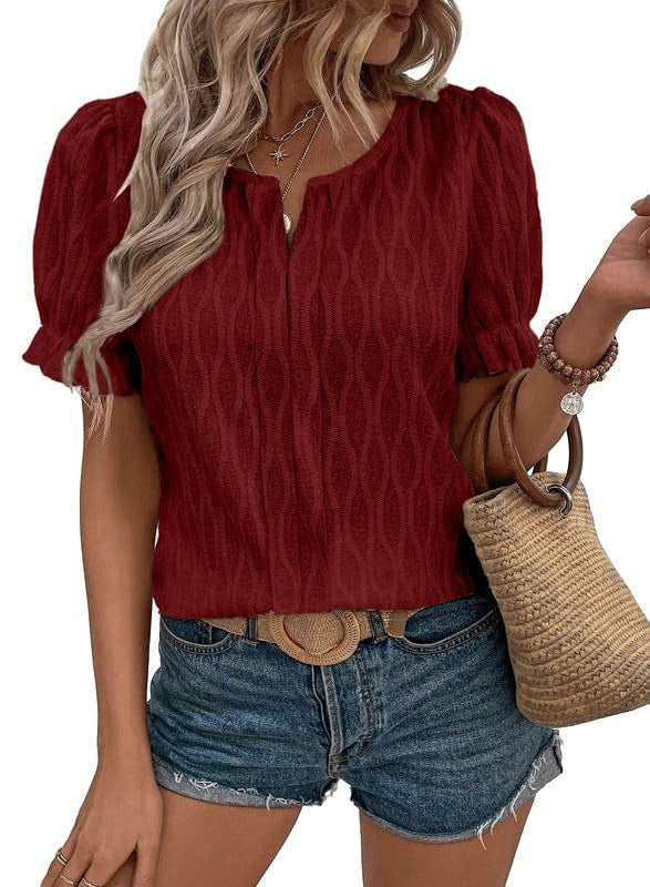 Airy & Stylish Women's Puff Sleeve Blouse with Lace Accent – Noemi-Burgundian-S-State of Style