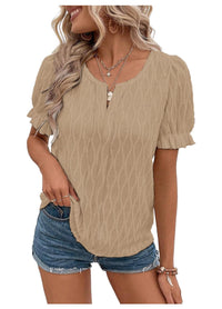 Airy & Stylish Women's Puff Sleeve Blouse with Lace Accent – Noemi-Khaki-S-State of Style