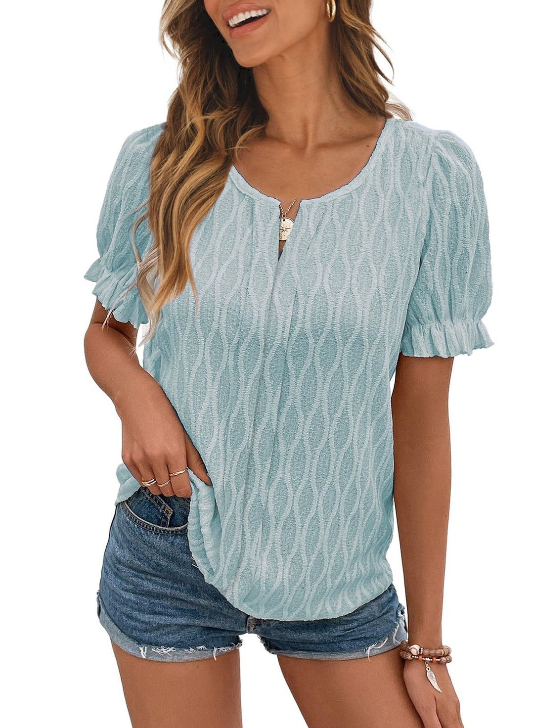 Airy & Stylish Women's Puff Sleeve Blouse with Lace Accent – Noemi-Light blue-S-State of Style