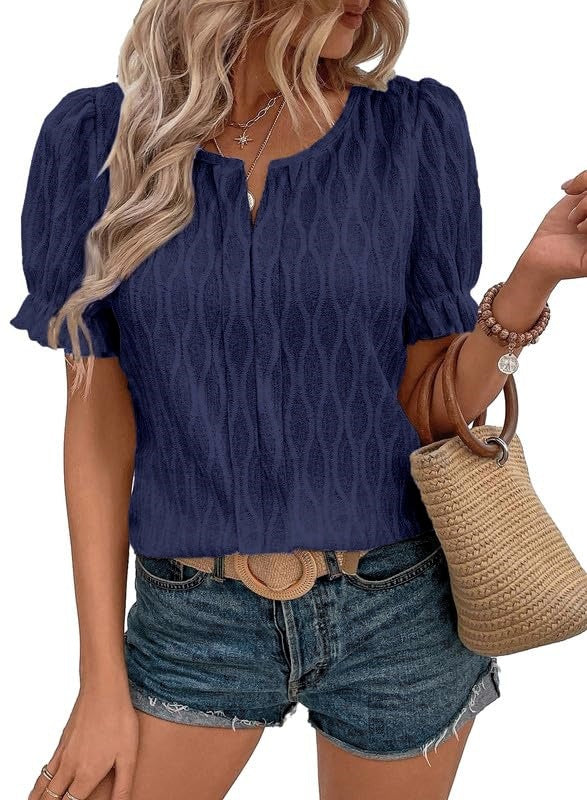 Airy & Stylish Women's Puff Sleeve Blouse with Lace Accent – Noemi-Navy blue-S-State of Style
