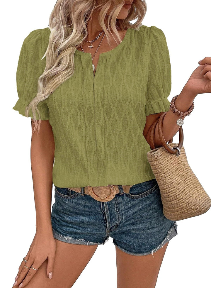Airy & Stylish Women's Puff Sleeve Blouse with Lace Accent – Noemi-Olive green-S-State of Style