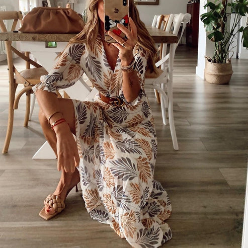 Airy Summer Dress with Leaf Print - Livia-S-State of Style
