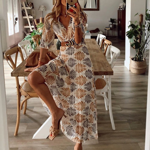 Airy Summer Dress with Leaf Print - Livia-S-State of Style