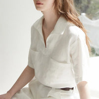 Airy & Timeless Short Sleeve Linen Blouse for Women V-Neck – Milena-White-S-State of Style