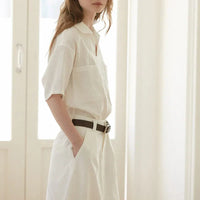Airy & Timeless Short Sleeve Linen Blouse for Women V-Neck – Milena-White-S-State of Style