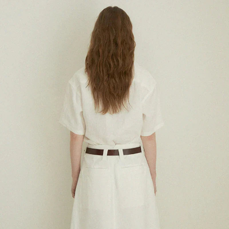 Airy & Timeless Short Sleeve Linen Blouse for Women V-Neck – Milena-White-S-State of Style