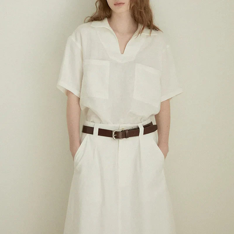 Airy & Timeless Short Sleeve Linen Blouse for Women V-Neck – Milena-White-S-State of Style