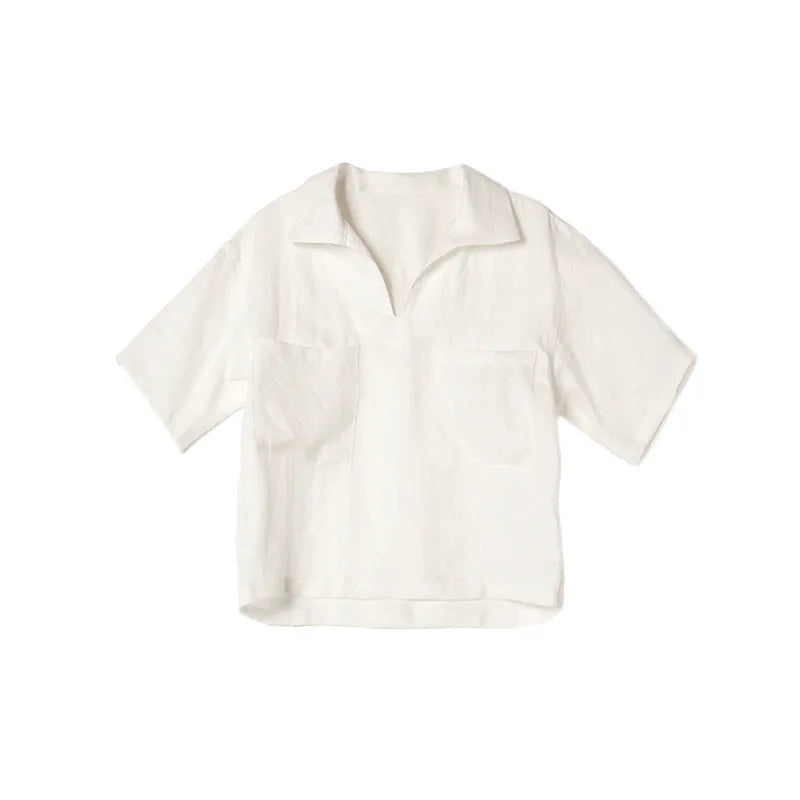 Airy & Timeless Short Sleeve Linen Blouse for Women V-Neck – Milena-White-S-State of Style