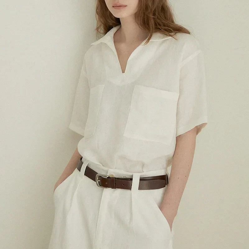Airy & Timeless Short Sleeve Linen Blouse for Women V-Neck – Milena-White-S-State of Style