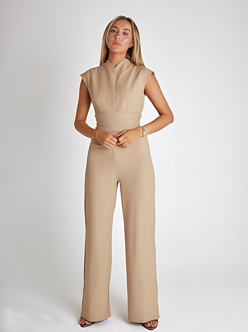 Airy women's jumpsuit with wide legs and a V-neck – Maribel-Beige-S-State of Style