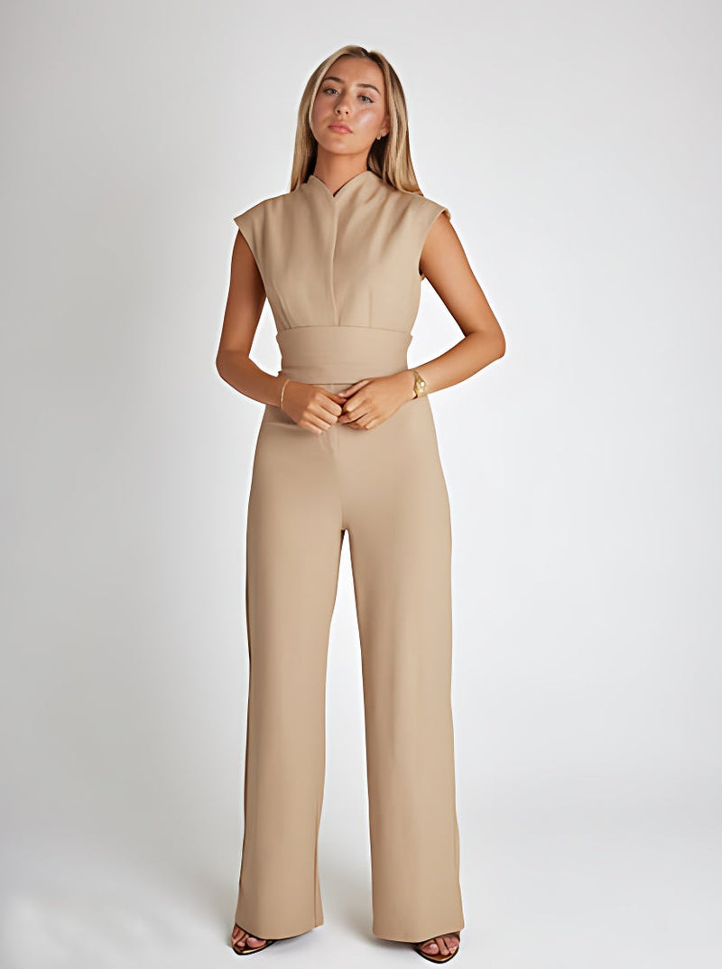 Airy women's jumpsuit with wide legs and a V-neck – Maribel-Beige-S-State of Style