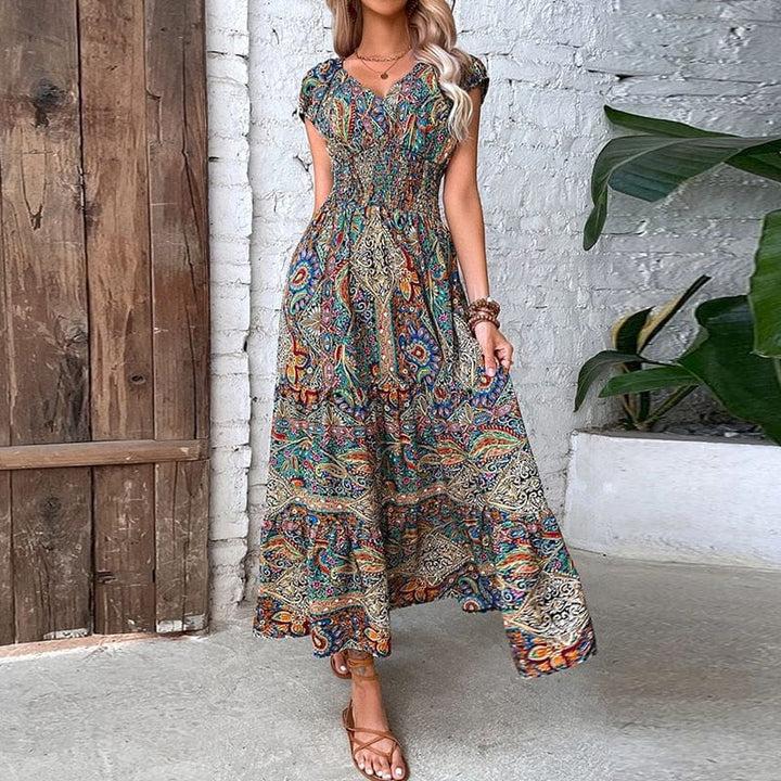 Airy women's maxi dress with ethnic print & V-neck – Nayeli-Blue-S-State of Style