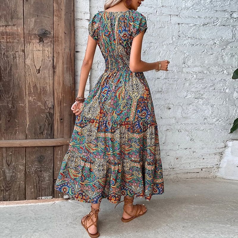 Airy women's maxi dress with ethnic print & V-neck – Nayeli-Blue-S-State of Style